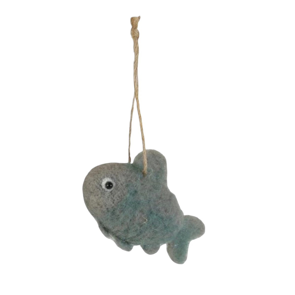 Mellow Monkey handcrafted wool felt fish ornament in shades of grey and blue with a rustic twine hanging loop.
