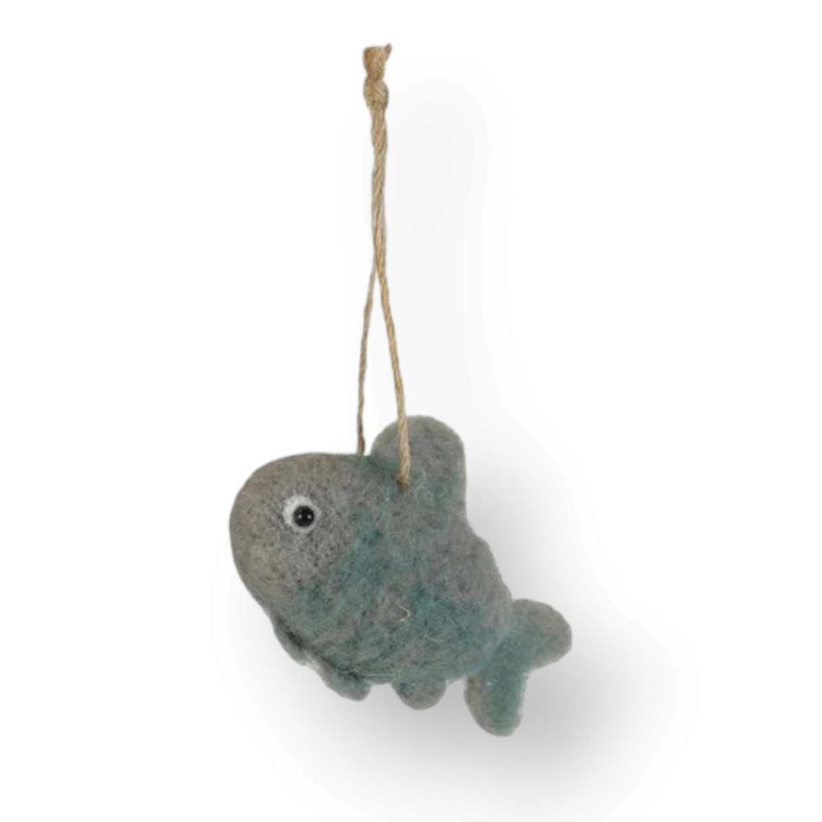 Mellow Monkey handcrafted wool felt fish ornament in shades of grey and blue with a rustic twine hanging loop.