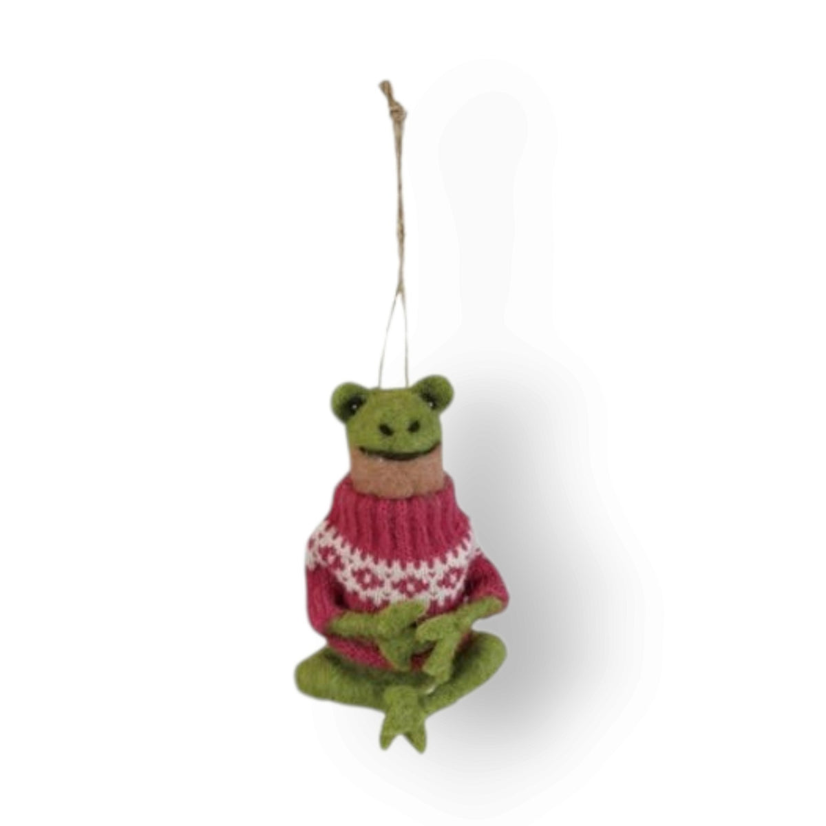 Mellow Monkey handcrafted wool felt frog ornament wearing a pink and white patterned sweater for holiday decor.