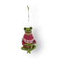 Mellow Monkey handcrafted wool felt frog ornament wearing a pink and white patterned sweater for holiday decor.