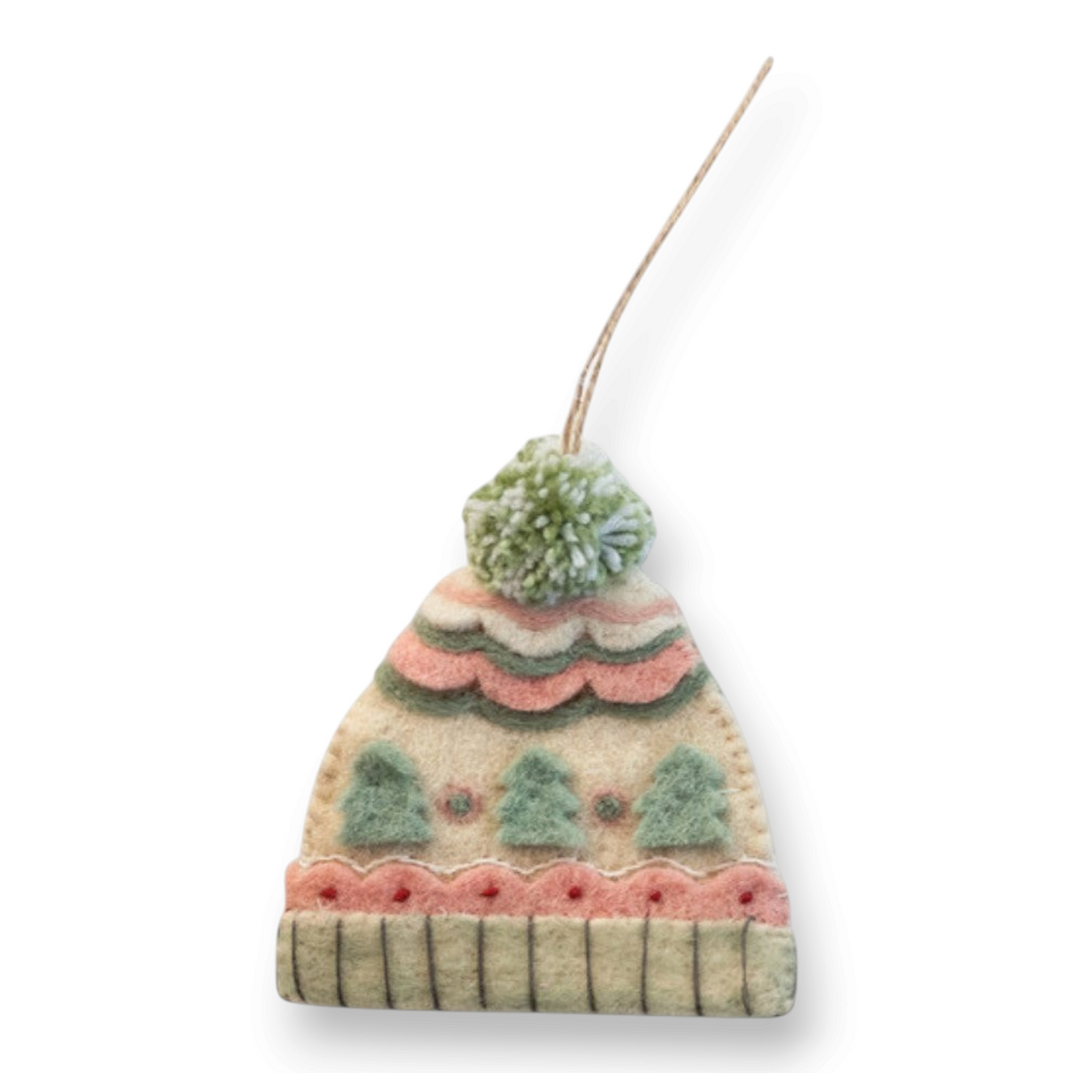 Mellow Monkey handmade wool felt hat ornament with embroidered tree patterns, soft pink and green tones, and pom-pom.