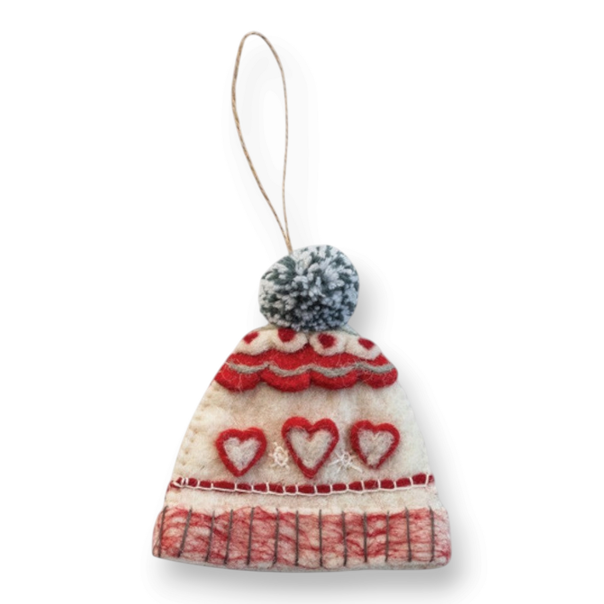 Mellow Monkey handmade wool felt hat ornament in cream and red with heart embroidery and a grey pom-pom