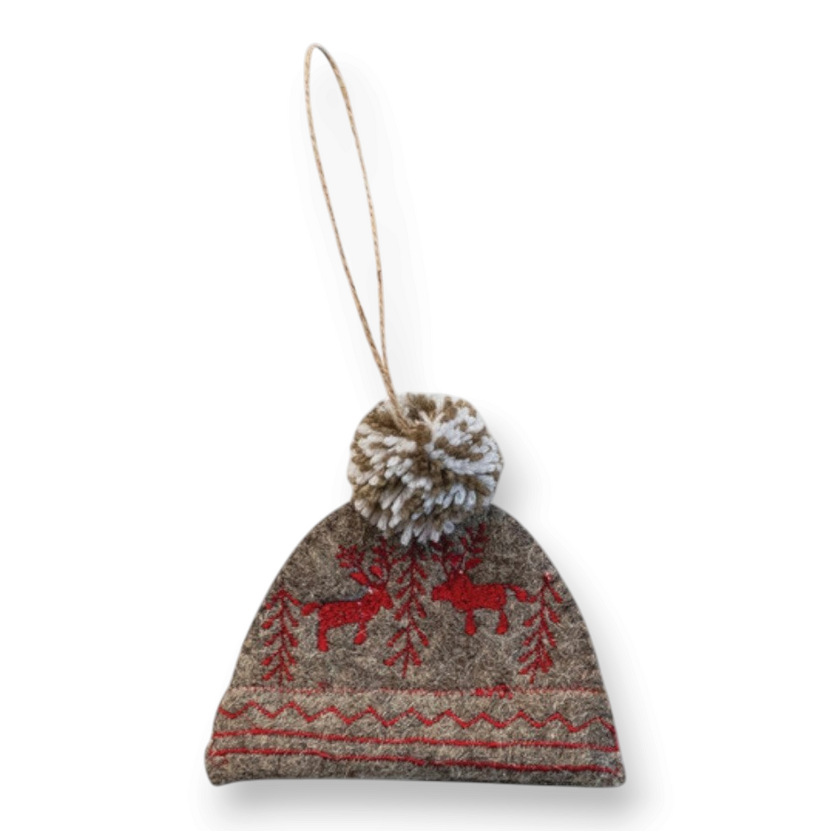 Mellow Monkey handmade wool felt hat ornament with red reindeer embroidery and a pom-pom for holiday tree decor