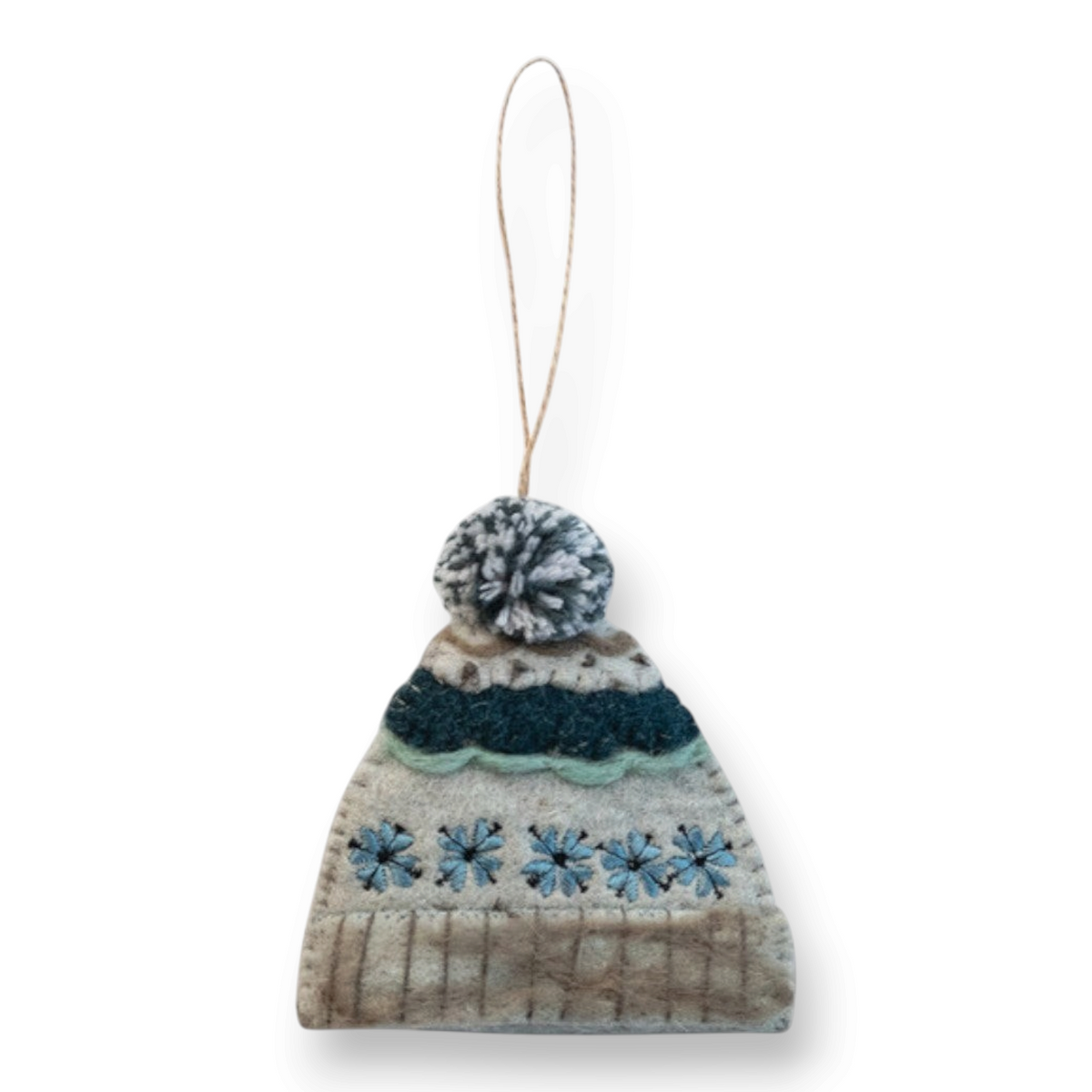 Mellow Monkey handmade wool felt hat ornament with blue snowflake embroidery and a grey pom-pom for holiday decor.