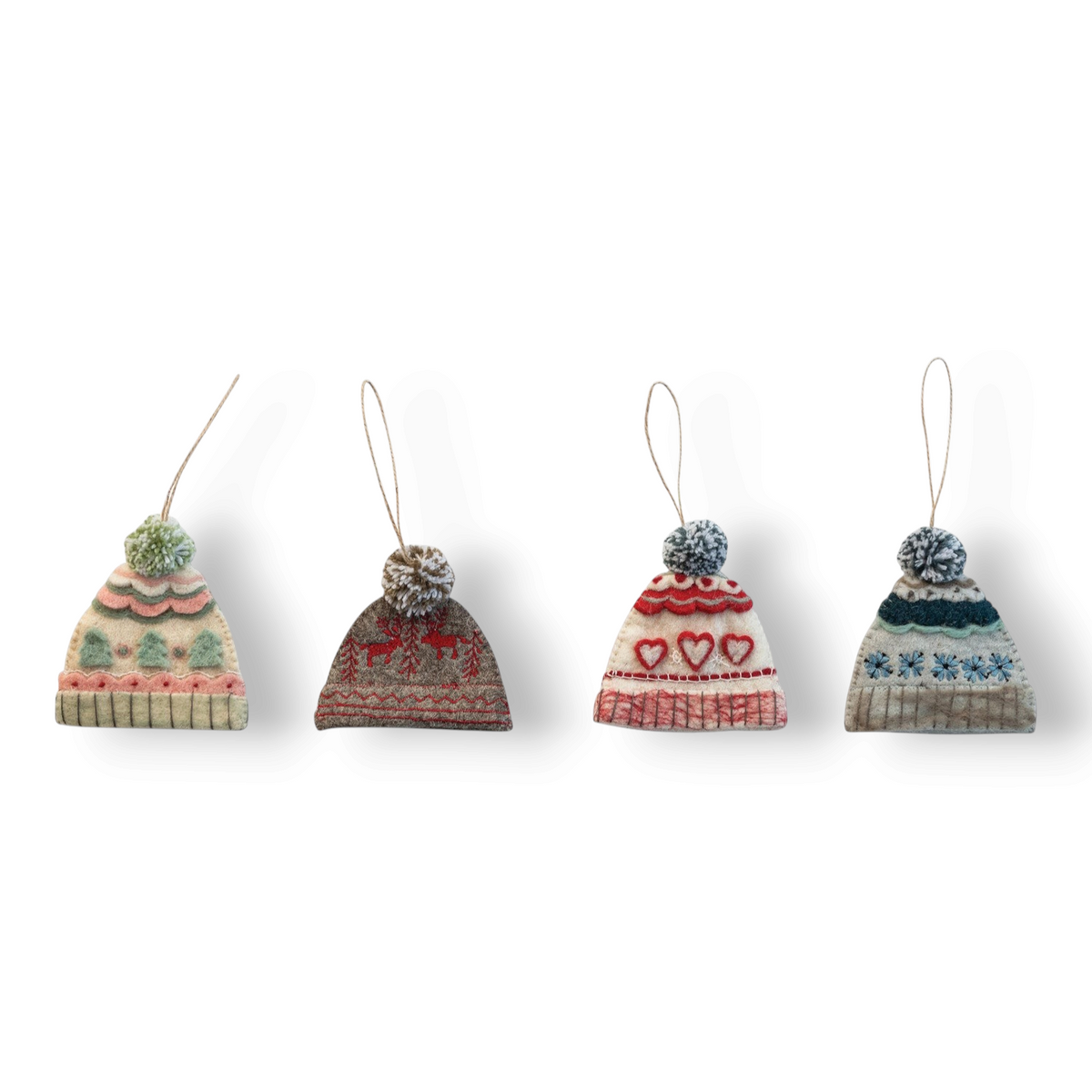 Mellow Monkey set of four handmade wool felt hat ornaments with festive embroidery and pom-poms for holiday decor