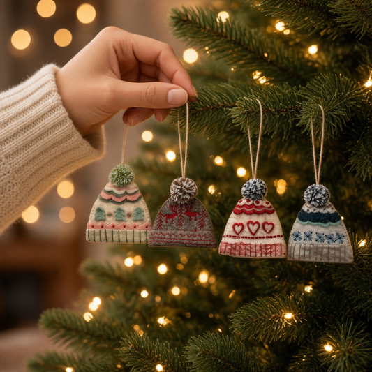 Mellow Monkey handmade wool felt hat ornaments with intricate embroidery hanging on a festive Christmas tree
