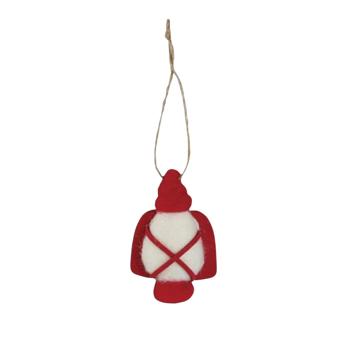 Mellow Monkey handcrafted red and white wool felt lantern ornament with a rustic twine hanging loop.