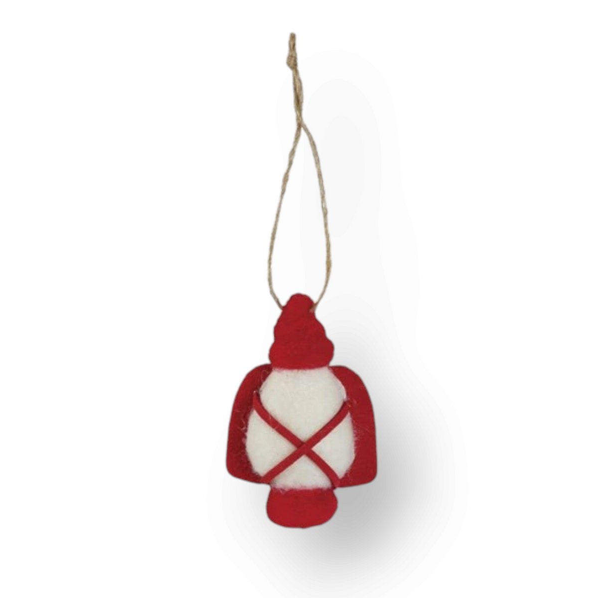 Mellow Monkey handcrafted red and white wool felt lantern ornament with a rustic twine hanging loop.