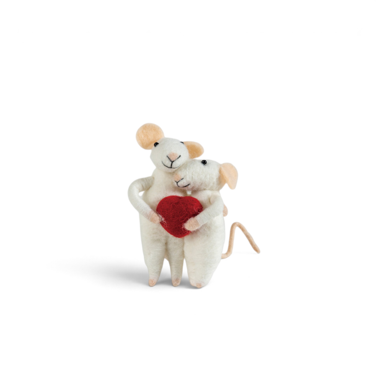 Mellow Monkey handcrafted wool felt mice ornament featuring two white mice holding a red heart together