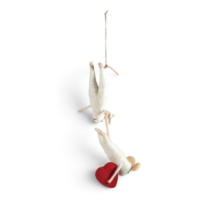 Mellow Monkey handcrafted white wool felt mice hanging ornament holding a red heart on a rustic twine string