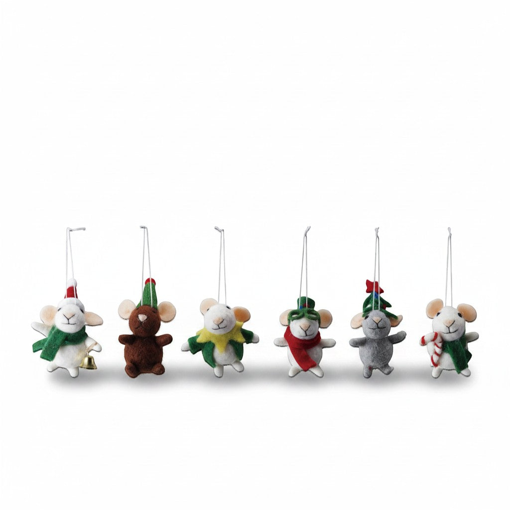 Mellow Monkey set of six handmade wool felt mice Christmas ornaments in festive holiday outfits hanging on strings