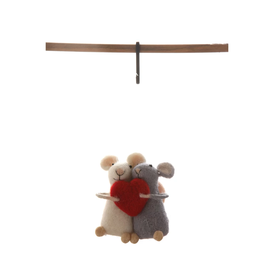 Mellow Monkey wool felt mouse pair ornament hugging a red heart, 3-1/4 inches tall, hanging decoration