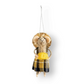 Mellow Monkey handcrafted wool felt tourist mouse ornament wearing a plaid dress and straw hat holding a yellow bag.