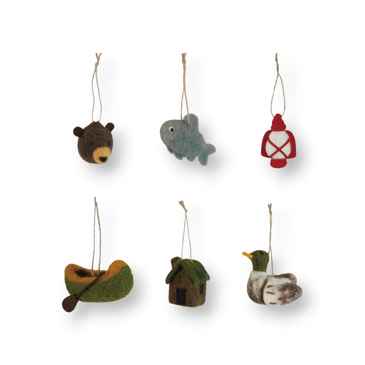 Mellow Monkey handcrafted wool felt outdoor themed ornaments including a bear, fish, lantern, canoe, cabin, and duck.