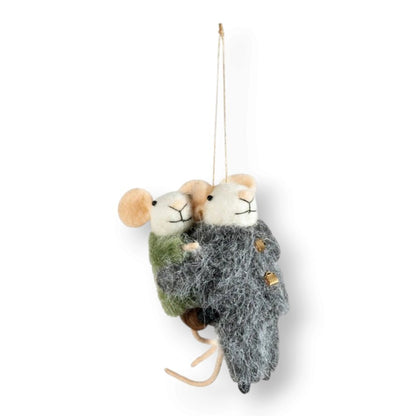 Mellow Monkey wool felt piggyback mice ornament wearing textured winter clothes with a hanging loop for holiday decor