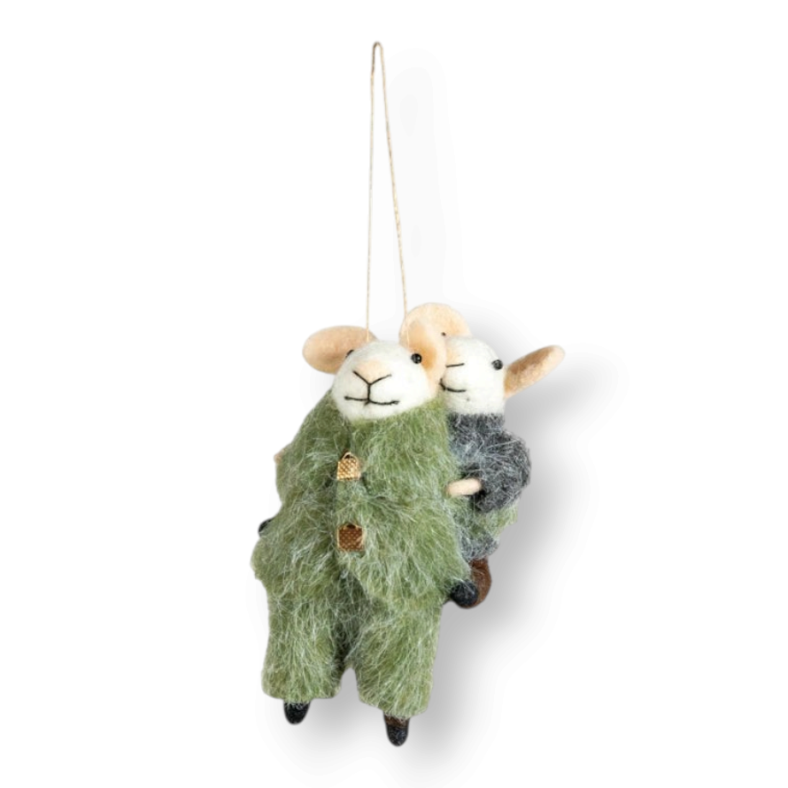 Mellow Monkey wool felt piggyback mice ornament wearing textured winter overalls with a hanging loop