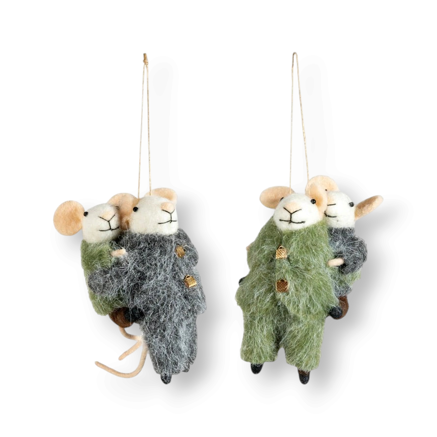 Mellow Monkey wool felt piggyback mice ornaments wearing textured winter overalls with hanging loops