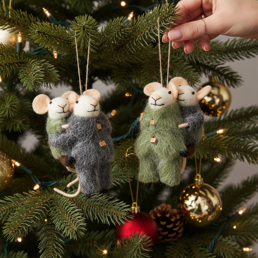 Mellow Monkey wool felt piggyback mice ornaments in winter overalls hanging on a Christmas tree branch