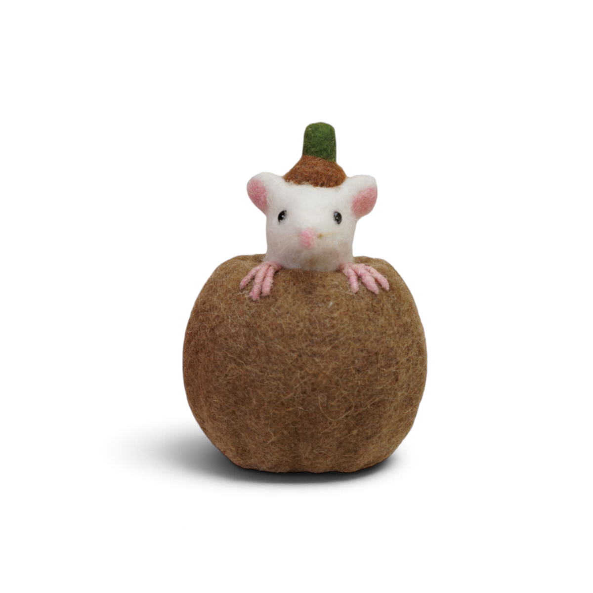 Mellow Monkey handmade wool felt pumpkin with a cute white mouse peeking out, perfect for autumn tabletop decor.