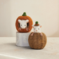 Mellow Monkey handmade wool felt pumpkins with white mice, featuring orange and brown autumn decor for tabletop.