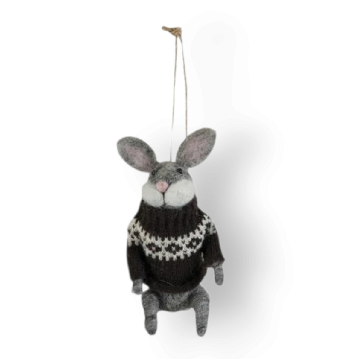 Mellow Monkey handcrafted wool felt rabbit ornament wearing a dark brown and white patterned sweater