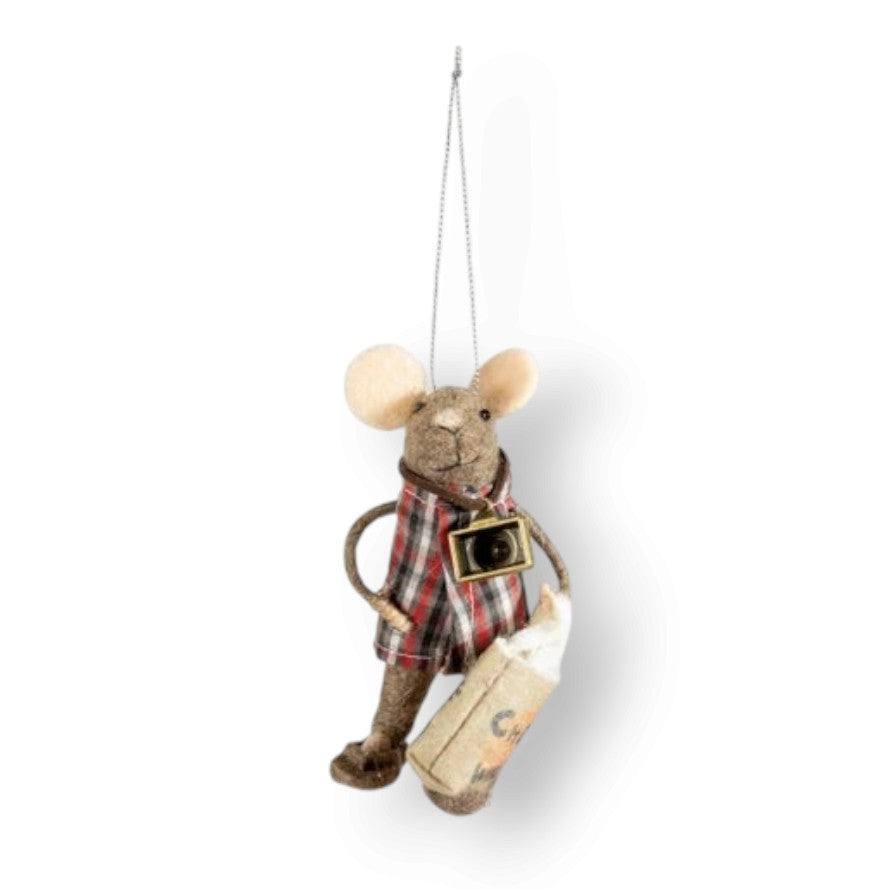 Mellow Monkey handcrafted wool felt mouse ornament wearing a plaid shirt with a camera and travel bag accessory.