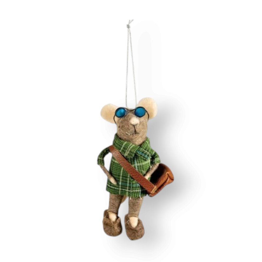 Mellow Monkey wool felt tourist mouse ornament wearing a green plaid shirt, blue sunglasses, and a brown satchel.