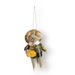 Mellow Monkey handcrafted wool felt mouse ornament wearing a plaid jacket and straw hat with a yellow bag