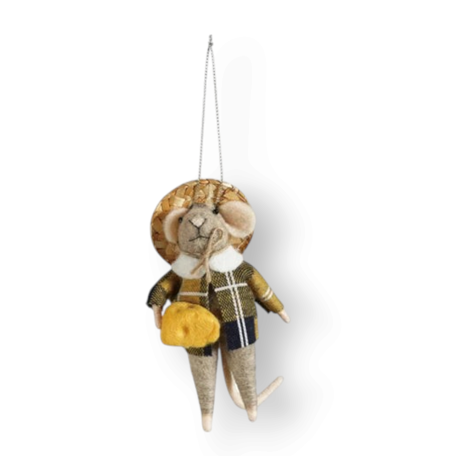 Mellow Monkey handcrafted wool felt mouse ornament wearing a plaid jacket and straw hat with a yellow bag