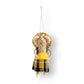 Mellow Monkey handcrafted wool felt tourist mouse ornament wearing a plaid dress and straw hat with yellow bag