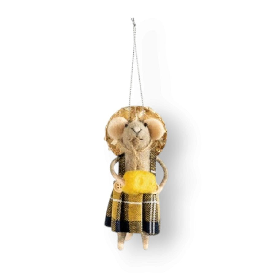 Mellow Monkey handcrafted wool felt tourist mouse ornament wearing a plaid dress and straw hat with yellow bag