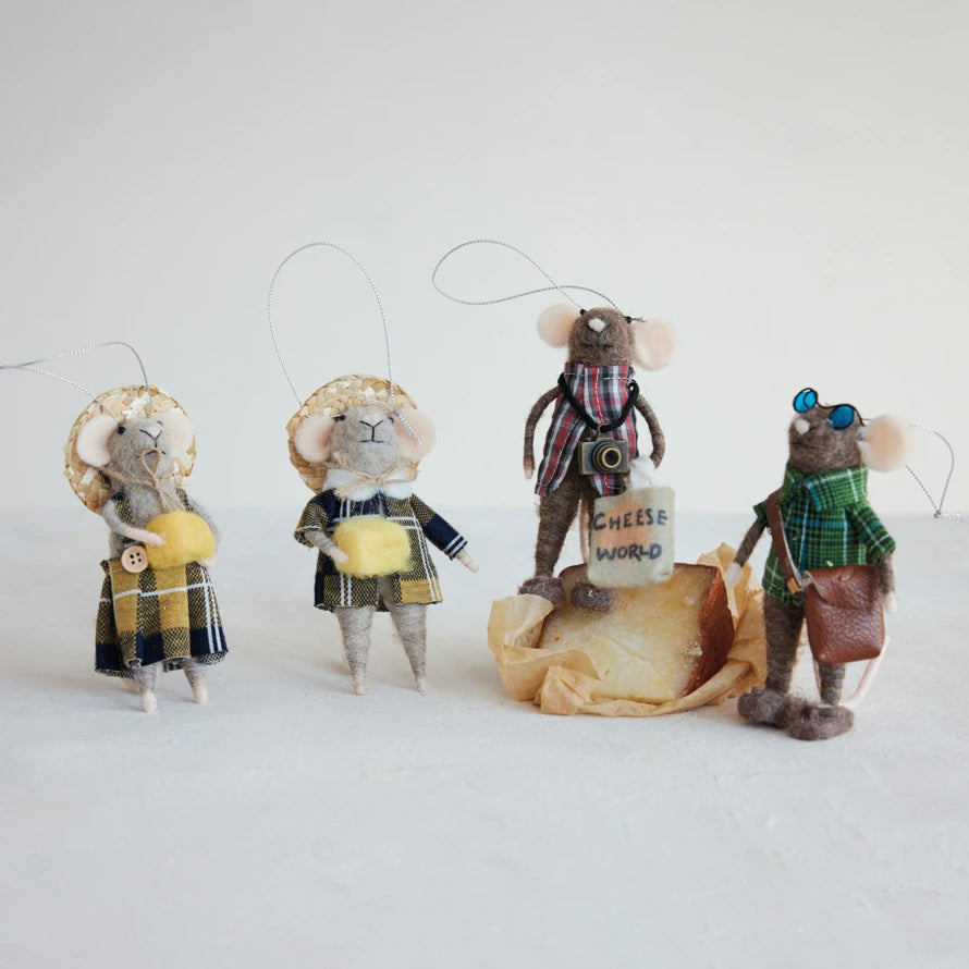 Mellow Monkey handcrafted wool felt mouse ornaments dressed as tourists with plaid outfits and travel accessories.