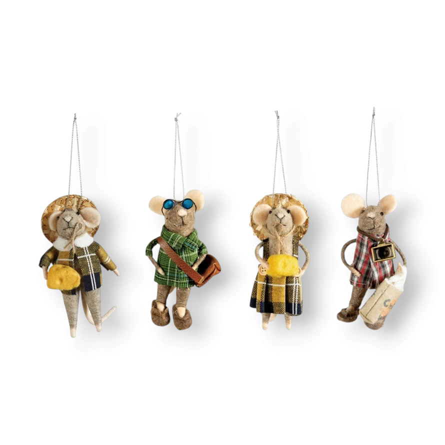 Mellow Monkey wool felt tourist mouse ornaments featuring four unique designs with plaid outfits and travel accessories.