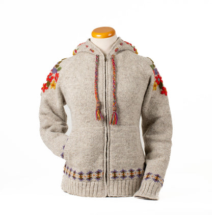 Mellow Monkey light natural wool zip hoodie featuring vibrant floral embroidery, braided drawstrings, and Fair Isle trim