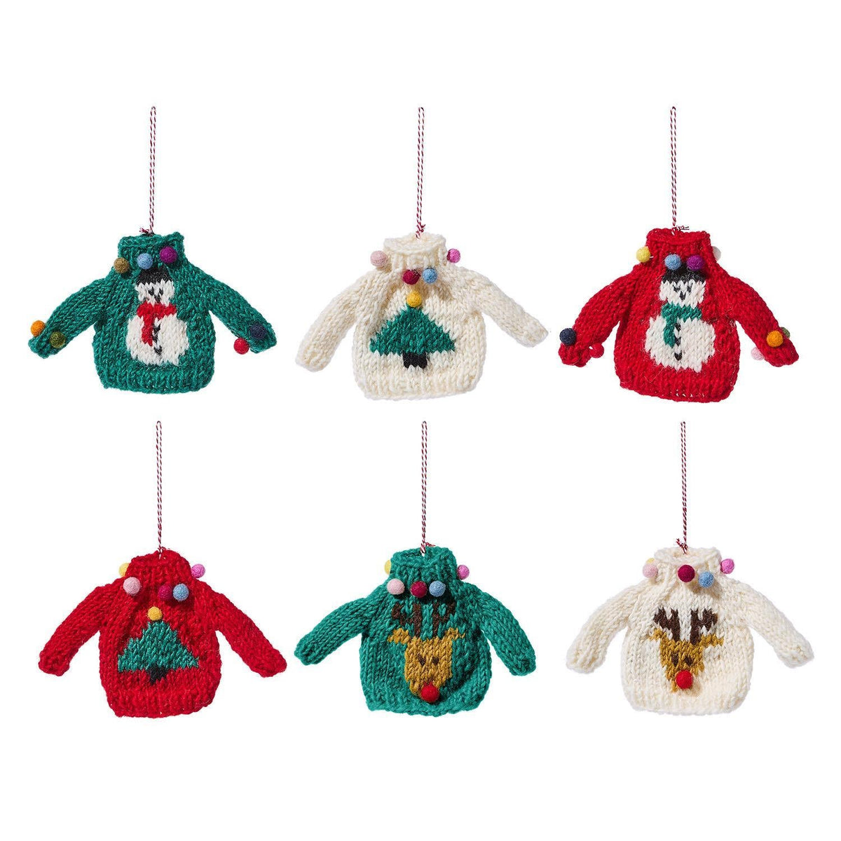 Mellow Monkey hand-crafted wool sweater ornaments featuring festive snowman, Christmas tree, and reindeer designs.