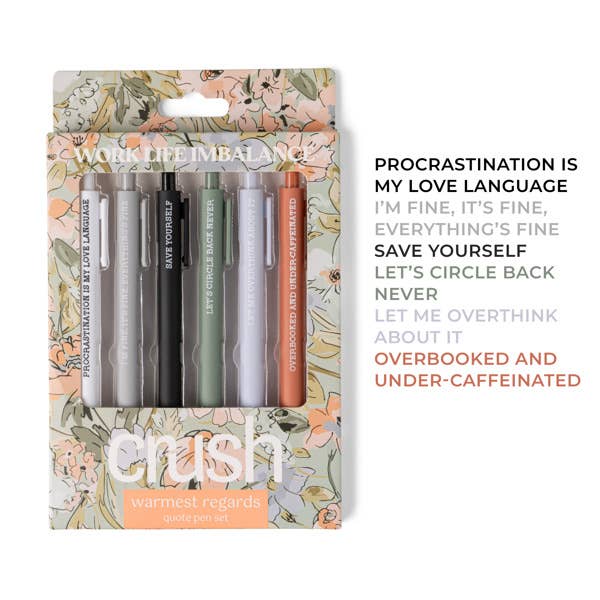 Mellow Monkey Crush Work Life Imbalance pen set with six colorful ballpoint pens featuring funny office quotes.