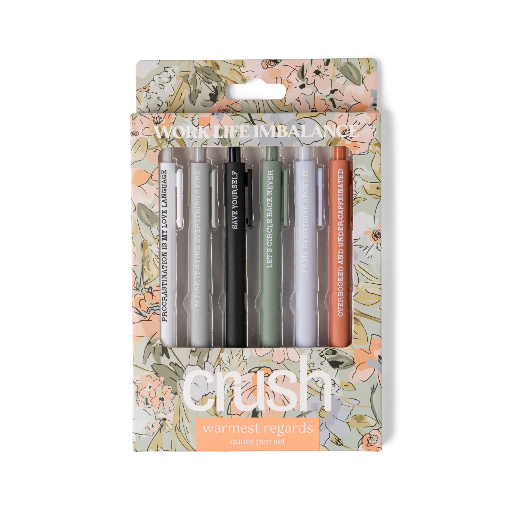 Mellow Monkey Crush Warmest Regards Work Life Imbalance pen set with six colorful ballpoint pens in floral packaging