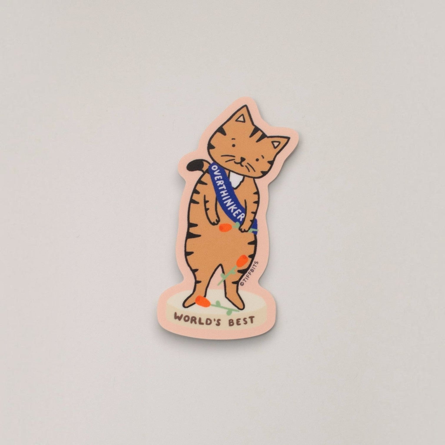 Mellow Monkey World's Best Overthinker vinyl cat sticker featuring an orange tabby wearing a blue sash