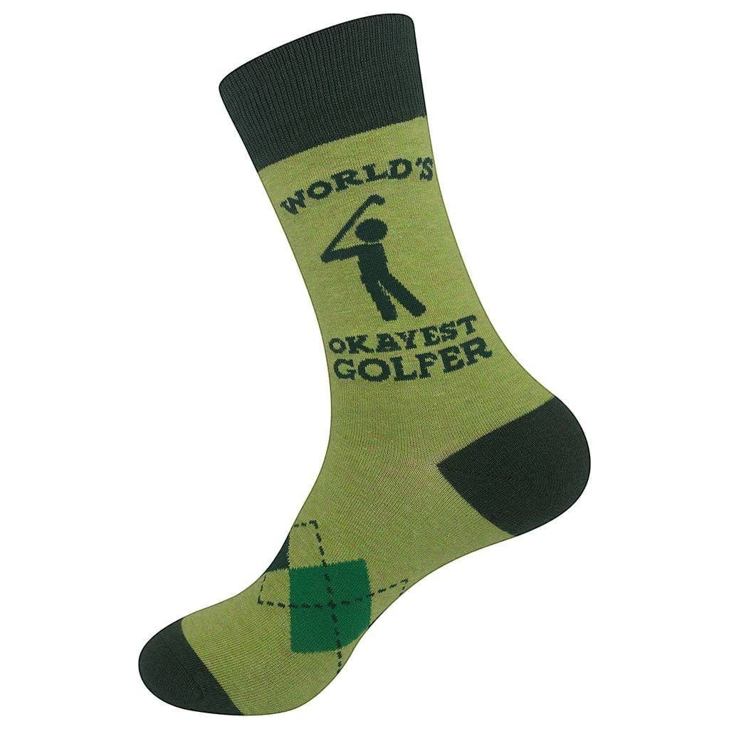 Mellow Monkey light green crew socks featuring a cartoon golfer and the text World's Okayest Golfer in dark green.