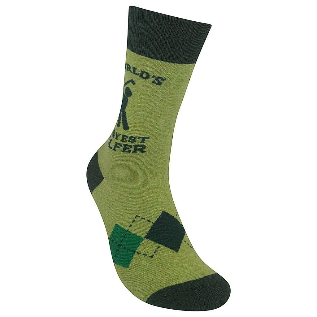 Mellow Monkey light green crew socks featuring a cartoon golfer and the text World's Okayest Golfer in dark green.