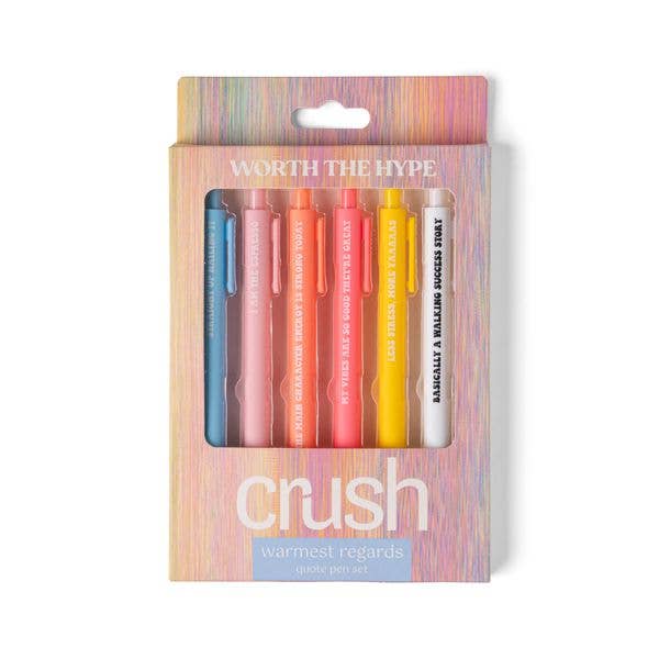 Mellow Monkey Worth The Hype quote pen set featuring six colorful click ballpoint pens with uplifting messages.
