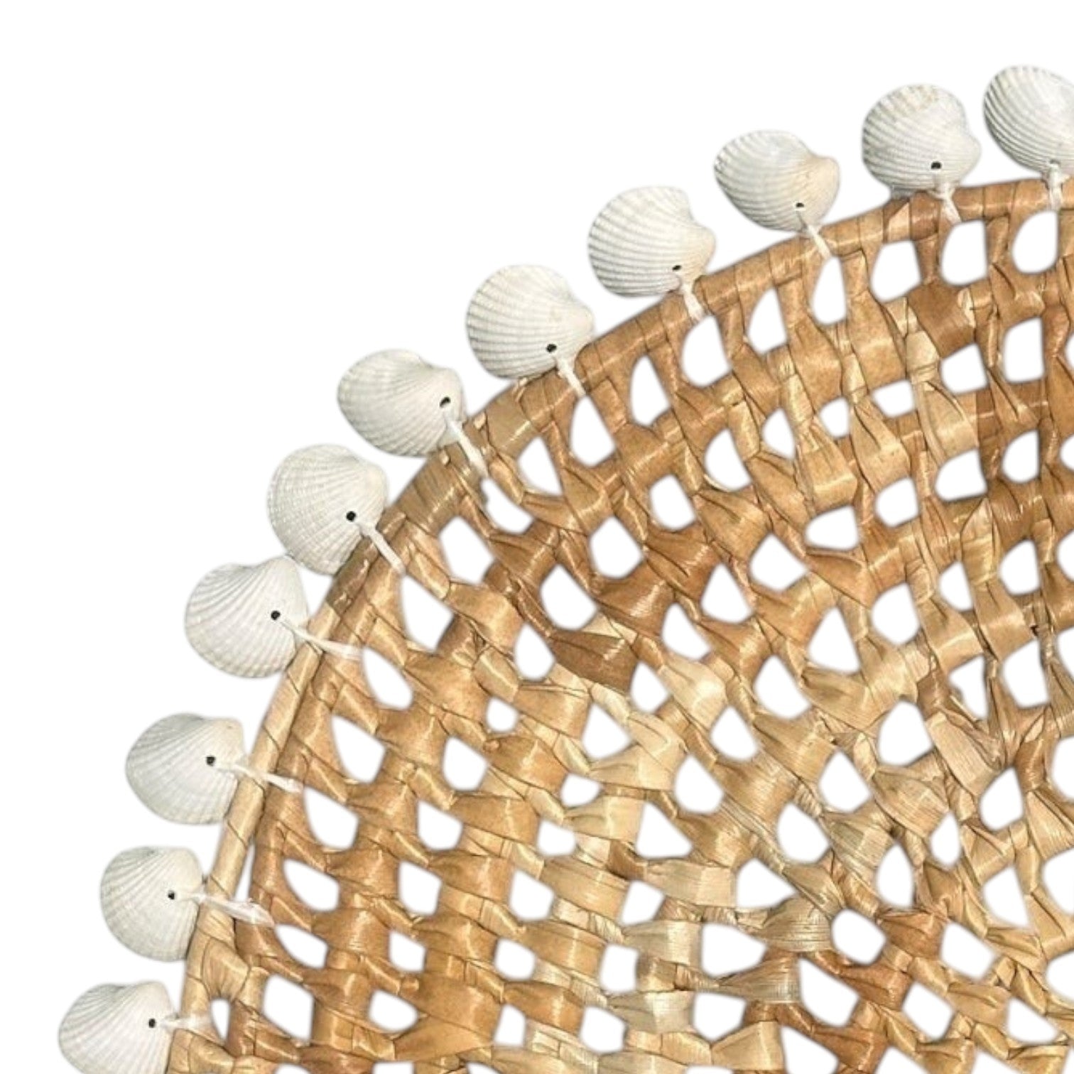 Mellow Monkey woven round placemat with clam rose edge, 13-inch diameter, natural straw material with intricate spiral design.