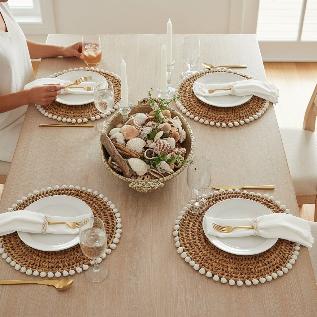 Mellow Monkey woven round placemat with a spiral design and a white clam rose shell edge, 13-inch diameter.