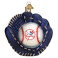 Mellow Monkey New York Yankees baseball mitt and ball blown glass holiday ornament. Navy blue mitt with tan laces and glitter accents.