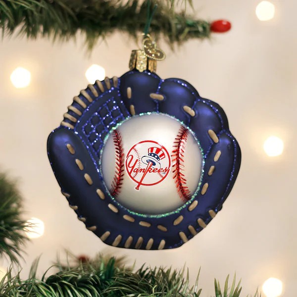 Mellow Monkey Yankees baseball mitt blown glass holiday ornament with baseball detail. Blue with tan stitching.