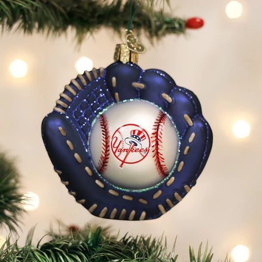 Mellow Monkey Yankees baseball mitt blown glass holiday ornament with baseball detail. Blue with tan stitching.