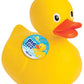 Mellow Monkey yellow plastic Big Bath Duck toy with an orange beak and a round product tag attached