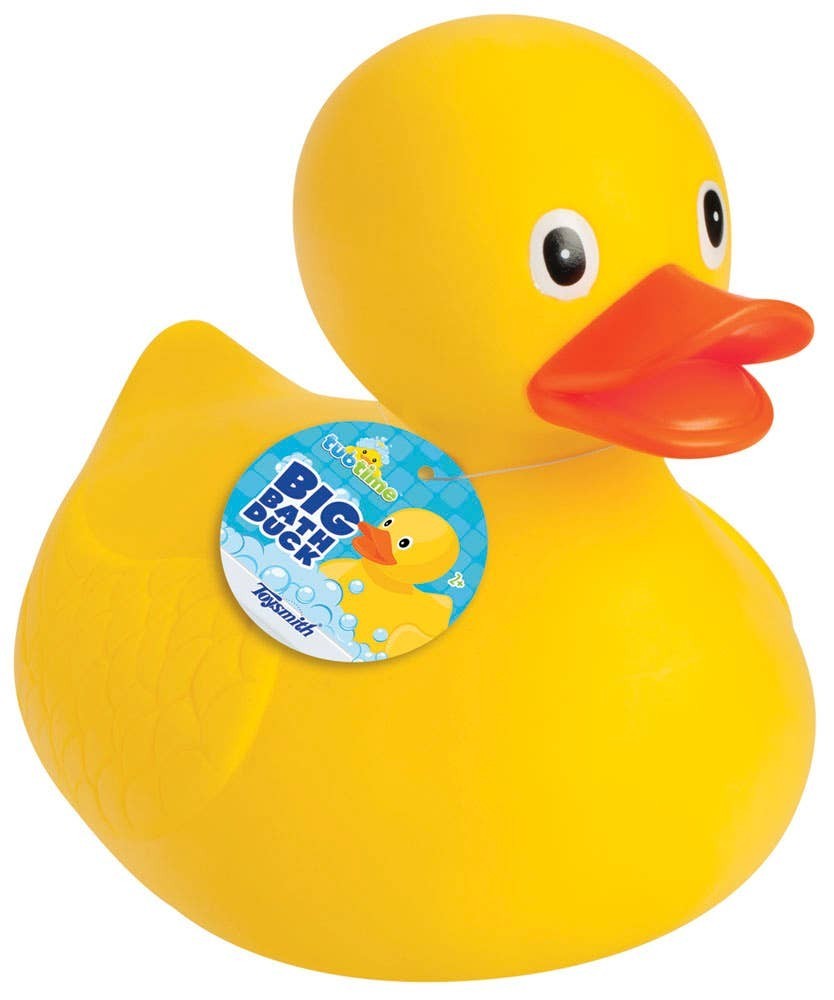 Mellow Monkey yellow plastic Big Bath Duck toy with an orange beak and a round product tag attached