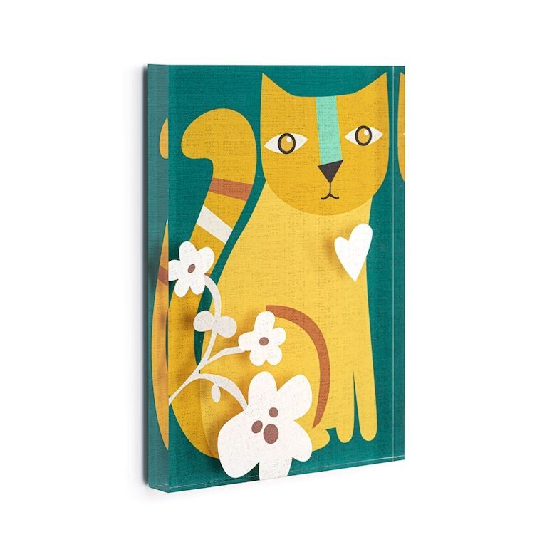 Mellow Monkey yellow cat acrylic wall art with white flowers and a teal background.