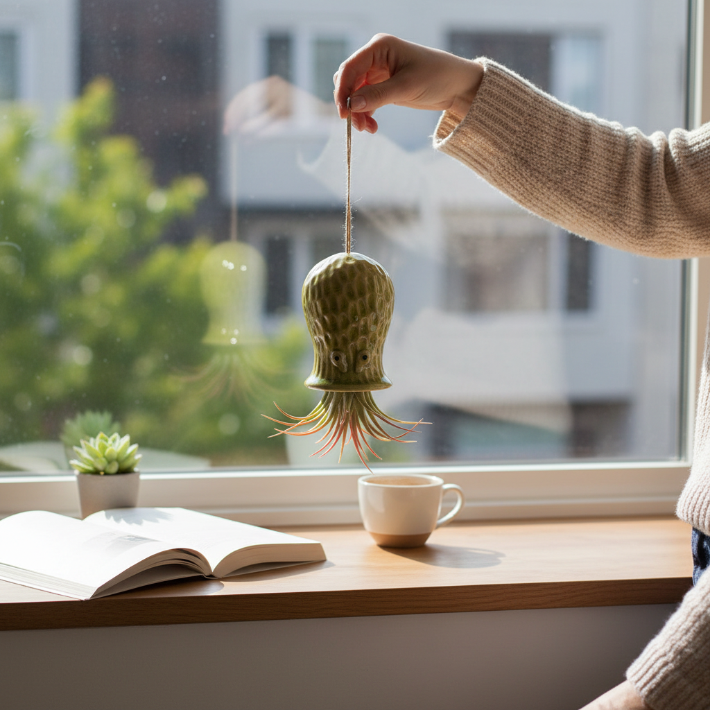 Mellow Monkey yellow ceramic hanging planter with a live Tillandsia air plant held by a hand near a sunny window.